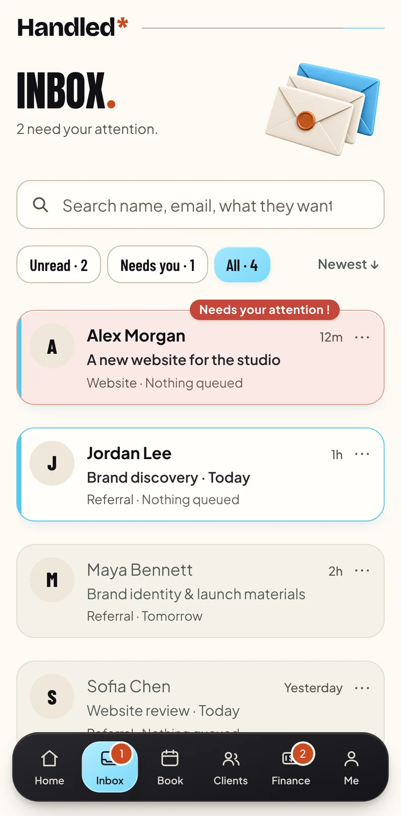 Inbox with new inquiries and replies