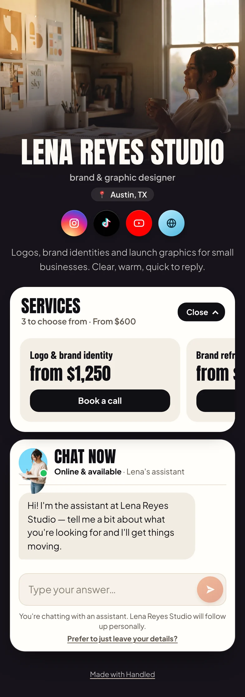 Lena's Handled page: her photo, services and a chat