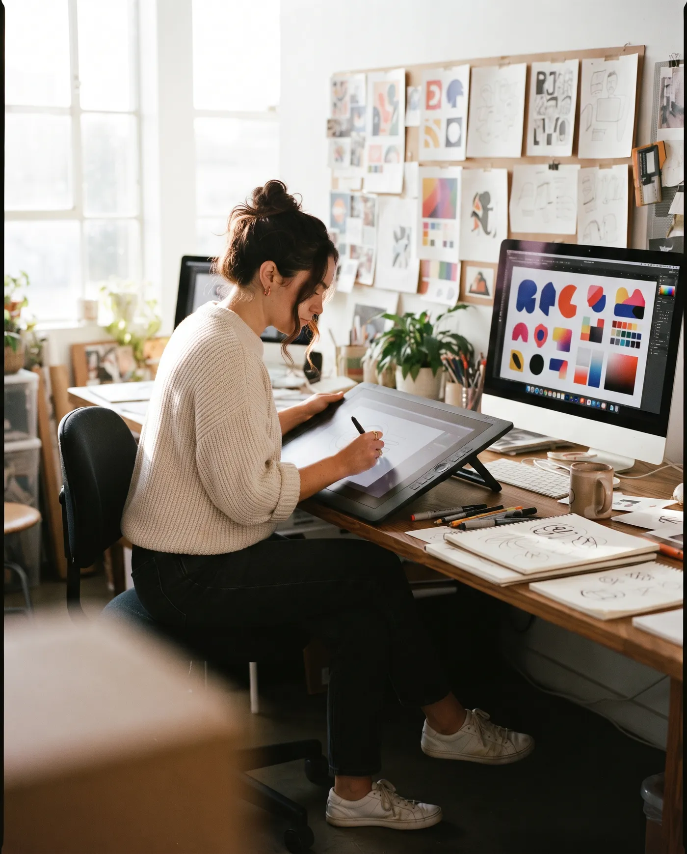 Lena, a freelance graphic designer, drawing a logo at her studio desk